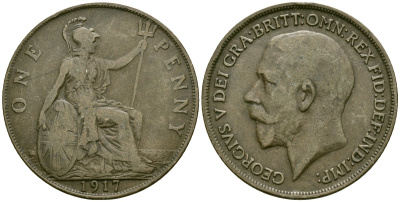Великобритания 1 пенни 1917 Георг V (1910-1936) KM 810, Spink 4051 бронза 4120-813