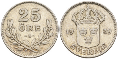 Швеция 25 эре 1939 G, Густав V (1907-1950) KM 785 серебро 4147-947