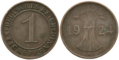 Германия 1 рейхспфенниг 1924 A KM 37, J. 313 бронза 4189-1055