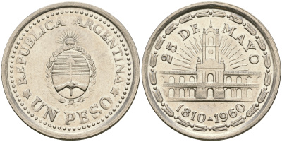 Аргентина 1 песо 1960 150 лет свержения Испанского вице-короля (1810-1960) KM 58 сталь плакированная никелем 4364-2736