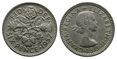 Великобритания 6 пенсов 1957 Елизавета II (1952-2022) KM 903, Spink 4149 медно-никель 261-1013