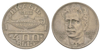 Бразилия 400 реалов 1938 Освалду Крус KM 539 медно-никель 4624-1254