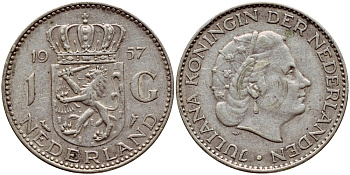 Нидерланды 1 гульден 1957 Юлиана (1948-1980) KM 184 серебро 1522-142