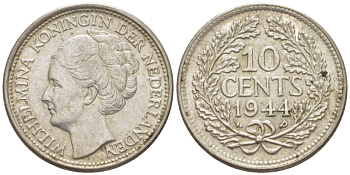 Нидерланды 10 центов 1944 Вильгельмина (1890-1948) KM 163 серебро aUNC 66-1254