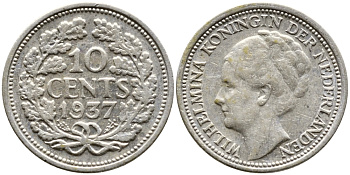Нидерланды 10 центов 1937 Вильгельмина I (1890-1948) КМ 163 серебро 4387-724