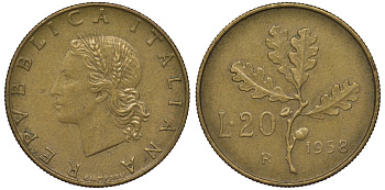 Италия 20 лир 1958 R, дубовая ветвь KM 97.1 алюминиевая бронза 4128-1242