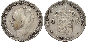 Нидерландское Кюрасао 1 гульден 1944 D, Вильгельмина (1890-1948) KM 45 серебро 36-537