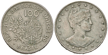 Бразилия 100 рейс 1901 голова свободы вправо KM 503 медно-никель 4615-611