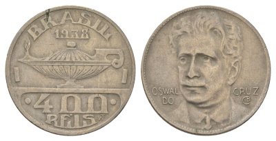 Бразилия 400 реалов 1938 Освалду Крус KM 539 медно-никель 4624-1254