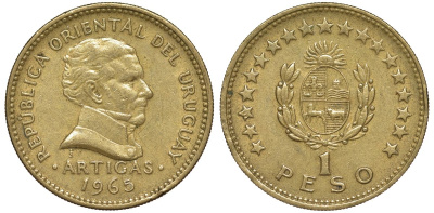 Уругвай 1 песо 1965 KM 46 алюминиевая бронза 92-616