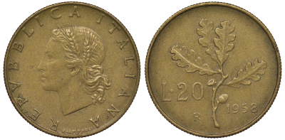 Италия 20 лир 1958 R, дубовая ветвь KM 97.1 алюминиевая бронза 4128-1242