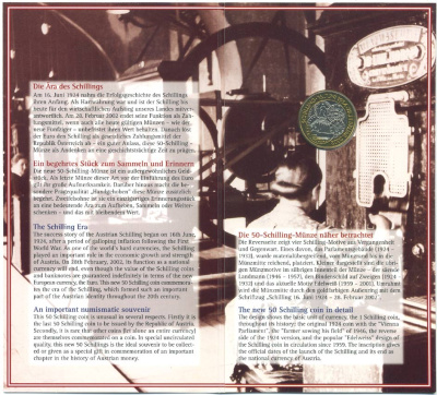 Австрия 50 шиллингов 2002 в оригинальном картонном буклете, эра шиллинга (1924-2002) биметалл UNC 7-4-2-36