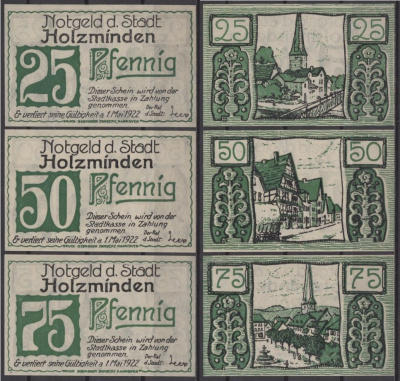 Хольцминден набор из 3 нотгельдов (25, 50 и 75 пфеннигов) 1921 DeNG 2 625.1-1-3/14 бумага UNC (пресс) 7556-15-2-1