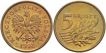 Польша 5 грошей 1992 MW KM 278 латунь UNC 4516-1154