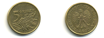 ПОЛЬША 5 ГРОШЕЙ 2010 KM 278 латунь 3999-1129