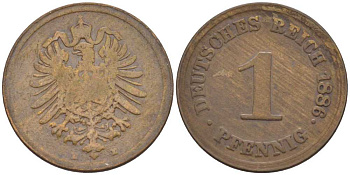 ГЕРМАНИЯ 1 ПФЕННИГ 1886 E, СТАРОГЕРБОВКА KM 1, J. 1, Weege 1 медь 206-1246