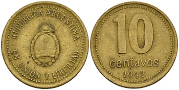 Аргентина 10 сентаво 1992 герб KM 107 алюминиевая бронза 4154-1145