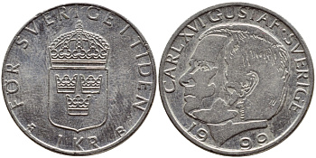 Швеция 1 крона 1999 Карл XVI Густав (1973- ) KM 852a медно-никель 89-546
