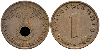Германия 1 рейхспфенниг 1938 J KM 89, J 361 бронза 4136-1245