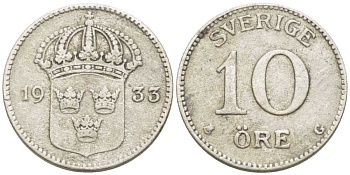 Швеция 10 эре 1933 G, Густав V (1907-1950) KM 780 серебро 116-1155