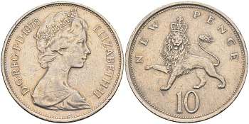 Великобритания 10 пенсов 1976 Елизавета II (1952-2022) KM 912, Spink 4231 (F1) медно-никель 4593-814