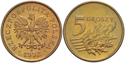 Польша 5 грошей 1992 MW KM 278 латунь UNC 4516-1154