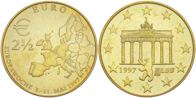 ГЕРМАНИЯ 2 1/2 ЕВРО 1997 БРАНДЕНБУРГСКИЕ ВОРОТА, ЕВРО-ЭКЮ, сталь плакированная латунью 4111-911