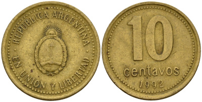 Аргентина 10 сентаво 1992 герб KM 107 алюминиевая бронза 4154-1145