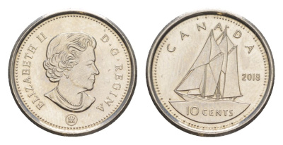 Канада 10 центов 2018 Leaf, Елизавета II (1952-2022), парусник KM 492 сталь плакированная никелем UNC 4630-912