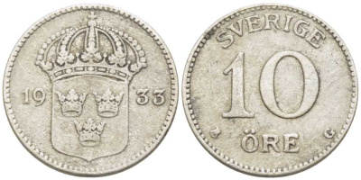 Швеция 10 эре 1933 G, Густав V (1907-1950) KM 780 серебро 116-1155