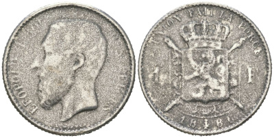 Бельгия КОПИЯ 1 франк 1886 белый металл 63-616