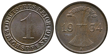 ГЕРМАНИЯ 1 РЕЙХСПФЕННИГ 1934 A KM 37, J. 313 бронза 4380-1254