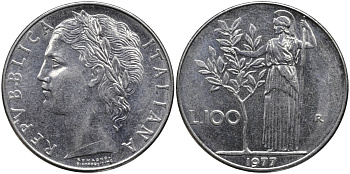 Италия 100 лир 1977 R, Афина в доспехах KM 96.1 нержавеющая сталь 4165-223
