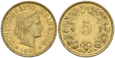 Швейцария 5 раппенов 1983 KM 26c алюминиевая бронза 4608-654