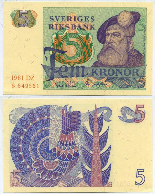 Швеция 5 крон 1981 DZ, Густав I Ваза Pick 51d бумага aUNC 444-2-1-1