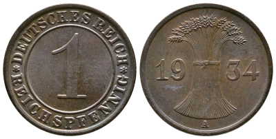ГЕРМАНИЯ 1 РЕЙХСПФЕННИГ 1934 A KM 37, J. 313 бронза 4380-1254