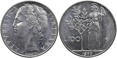 Италия 100 лир 1977 R, Афина в доспехах KM 96.1 нержавеющая сталь 4165-223