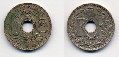 ФРАНЦИЯ 10 САНТИМОВ 1935 ТИП ЛИНДАЙЁ KM 866а, LE FRANC 138.22 медно-никель 4388-1132