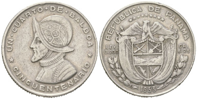 Панама 1/4 бальбоа 1953 50 лет независимости KM 19 серебро 68-1147