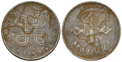 Финляндия 1 марка 1952 KM 36 железо 4173-1063