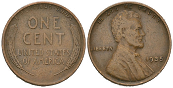 США 1 цент 1935 Авраам Линкольн KM 132 бронза 211-437
