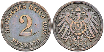 ГЕРМАНИЯ 2 ПФЕННИГА 1905 E, РЕДКАЯ KM 16, Jager 11, Weege 4 медь 4546-626