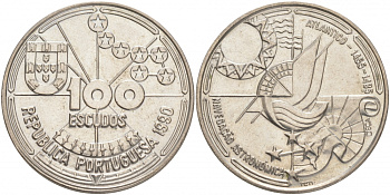 Португалия 100 эскудо 1990 Золотой век открытий - Астронавигация KM 649 медно-никель  UNC   UNC M31-17