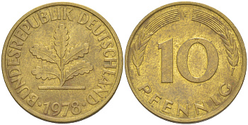 ФРГ 10 ПФЕННИГОВ 1978 F KM 108, J. 383 сталь плакированная латунью 4182-856