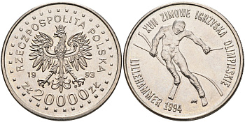 Польша 20000 злотых 1993 XVII зимние Олимпийские игры в Лилихамере 1994 года, слалом KM 261, Parchimowicz 612 медно-никель 4185-1245