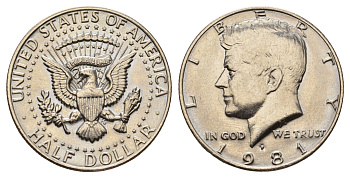 США 1/2 доллара (50 центов) 1981 P, Джон Кеннеди KM A202b медь плакированная медно-никелем UNC 4672-613