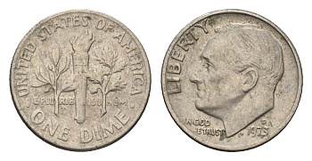 США 10 центов (дайм) 1973 D, Рузвельт KM 195a медь плакированная медно-никелем 4674-542