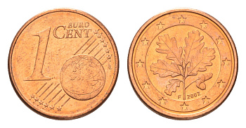 ФРГ 1 евроцент 1999 F, из ролла KM 207 сталь плакированная медью  UNC  M64-19