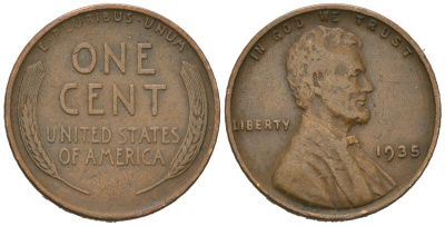 США 1 цент 1935 Авраам Линкольн KM 132 бронза 211-437