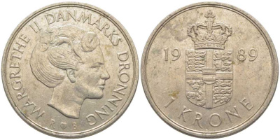 ДАНИЯ 1 КРОНА 1989 R;B, МАРГАРЕТЕ II (1972-) KM 862.3 медно-никель 113-925